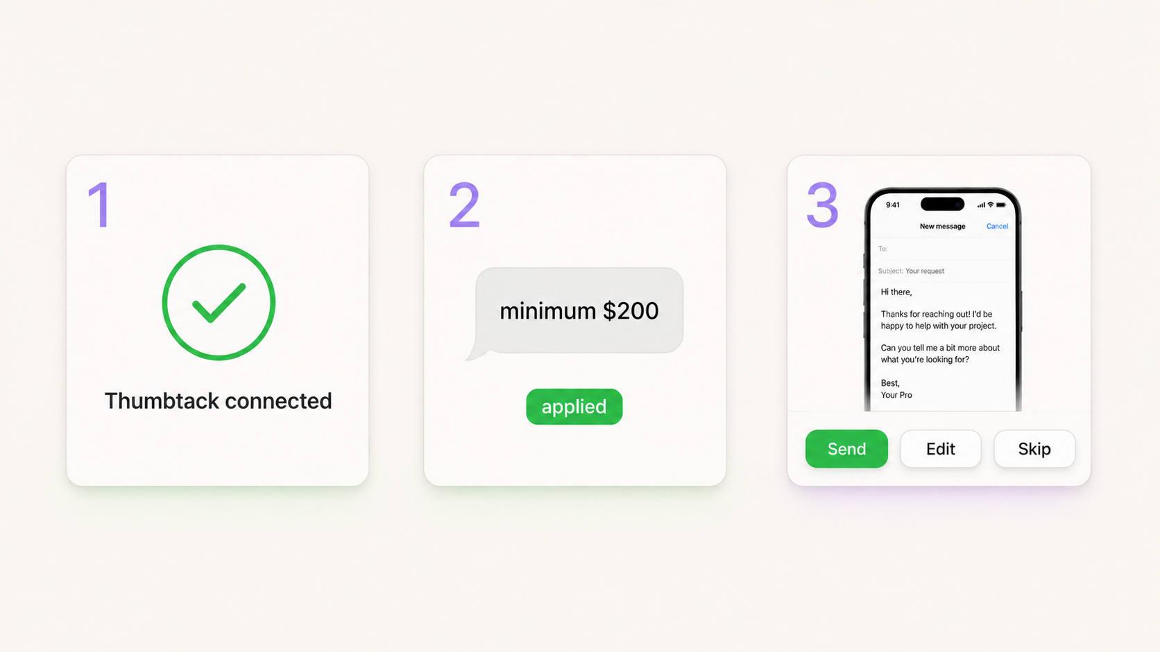 Three cards: Thumbtack connected, custom rule applied, draft with send/edit/skip buttons