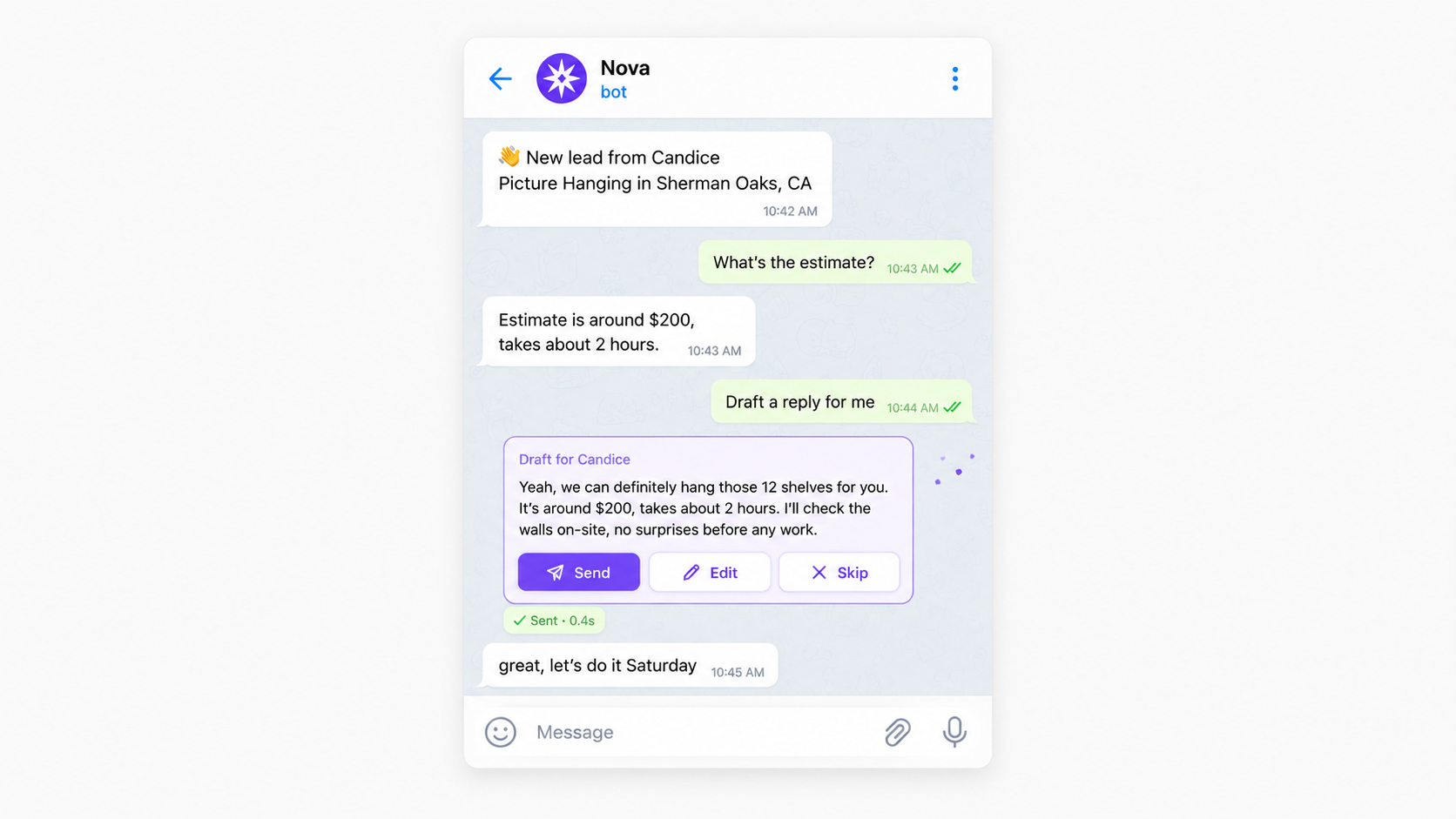 Telegram chat with the draft sent and customer reply